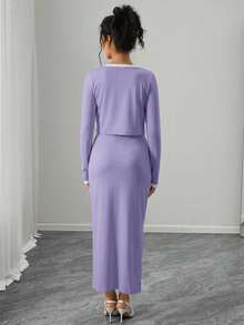 Momance Set de 2 piezas: Vestido de tirantes con parches para mujeres embarazadas y top de manga larga con abertura frontal, para uso diario casual - Morado - Ver 2