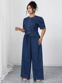 Elenzga Bộ áo liền quần denim màu xanh nhạt thanh lịch và thoải mái dành cho nữ cỡ lớn - Rửa trung bình - Xem 6