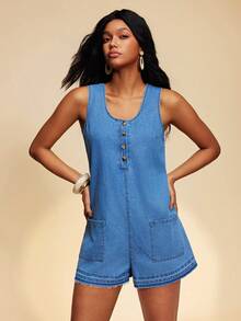 Travachic Women's Round Neck Button Half Placket Dual Pocket Casual Sleeveless Denim Romper - Medium Wash - View 3