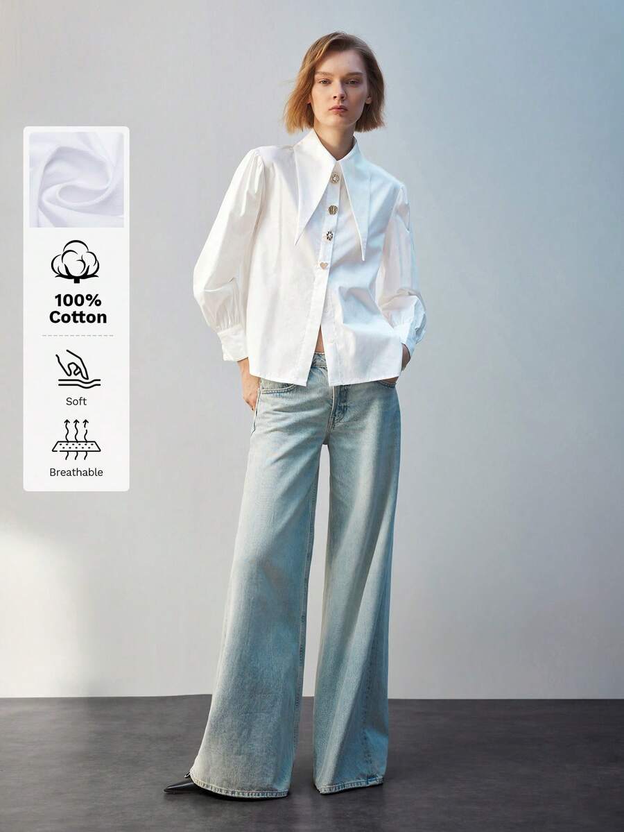 Maija Peak Collar Button Front Blouse Workwear,Long Sleeve Tops, - White - View 1