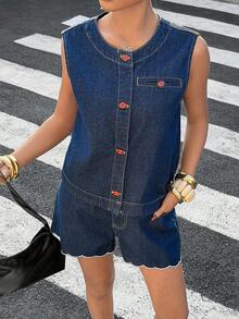Siren Gaze Women's Casual Denim Vest And Shorts Set, Summer - Medium Wash - View 1