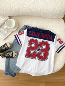 Young Boy Letter & Number Print Casual Round Neck Woven Shirt - Multicolor - View 2