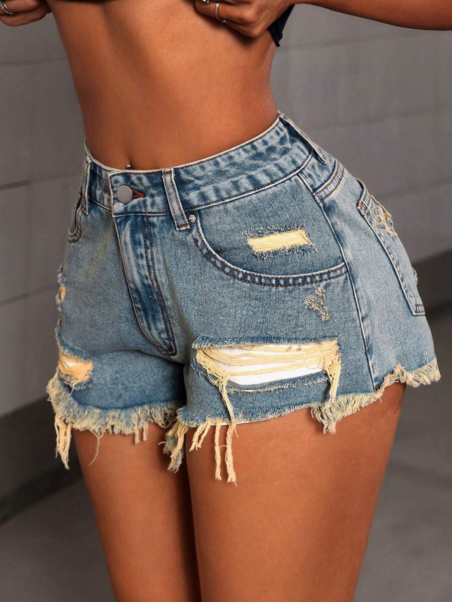 SHEIN Unity Women's Casual Everyday Denim Shorts With Pockets, Button Closure And Distressed Hem - Blue - View 1