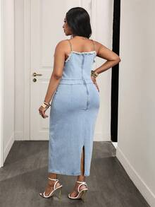 Slaydiva Đầm denim cỡ lớn thời trang mùa hè, gấu quần rách, đính cúc, dây đeo vai - Màu xanh lam - Xem 2