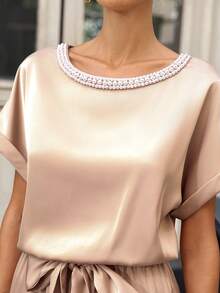 Editum 女士新款优雅收腰修身串珠纯色缎面连体裤，适合日常穿着、婚礼、派对及多种场合。 - 杏色 - 查看 6