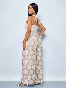 SOLERSUN Women's Casual Vacation Style Random Floral Print 3-Piece Set: Vest, Halter Neck Top, And Pants - Khaki - View 2