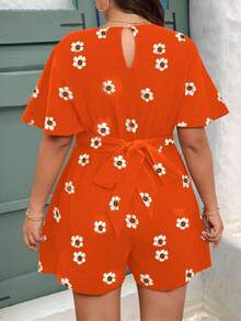 EMERY ROSE Plus Size Women Floral Print V-Neck Drawstring Waist A-Line Short Sleeve Casual Elegant Shorts, Spring/Summer Women's Floral Romper Orange Floral Romper Plus Size Romper Orange Romper - Burnt Orange - View 6