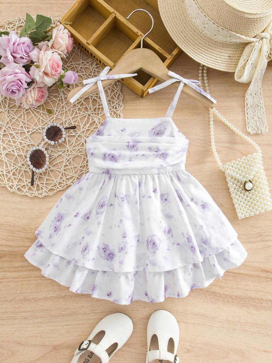 SHEIN 女婴优雅可爱白色碎花吊带荷叶边连衣裙 - 白色 - 查看 1