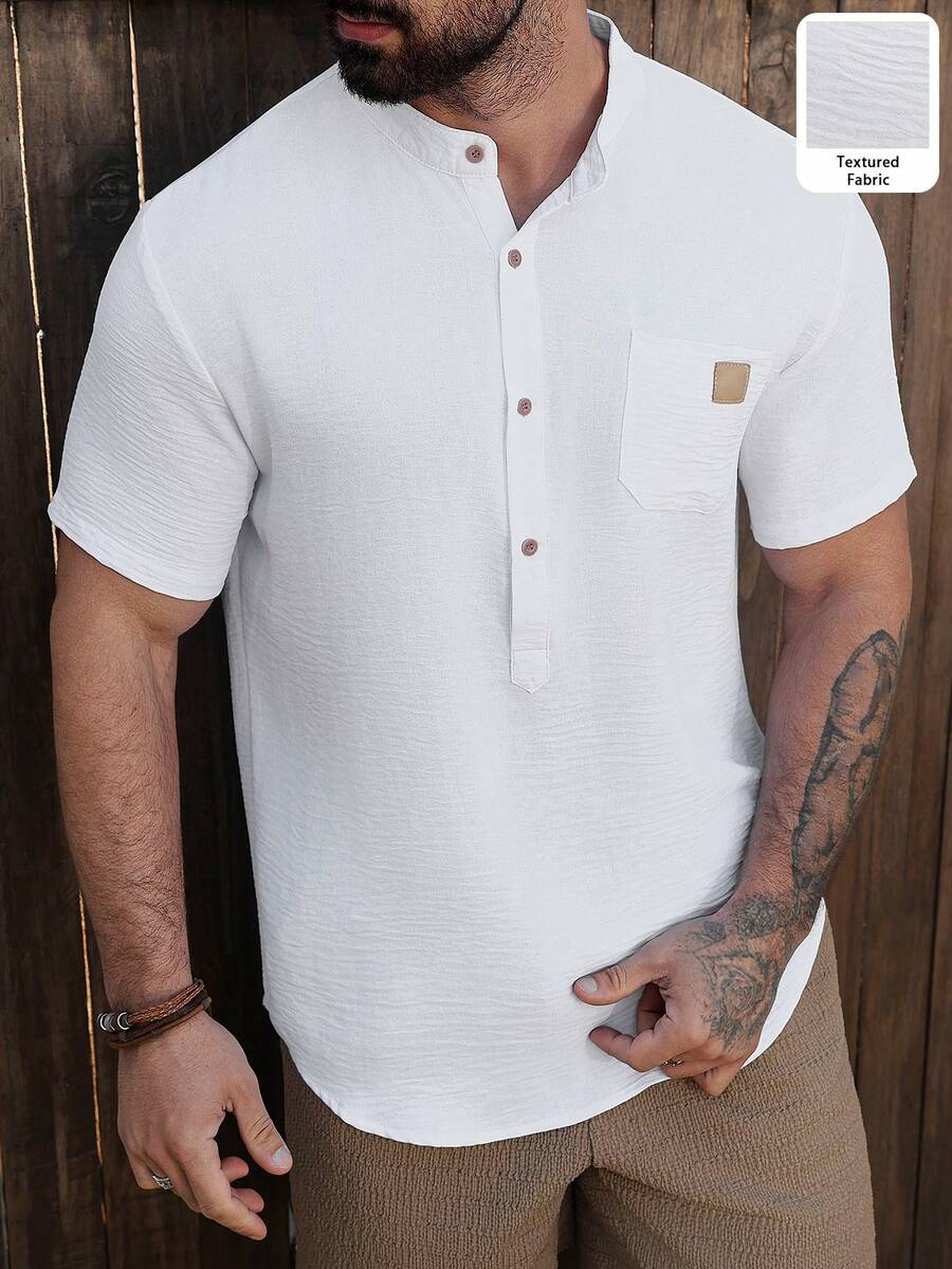 Manfinity RSRT Men's Mandarin Collar Casual Versatile Daily Wear Short Sleeve Shirt - White - View 1