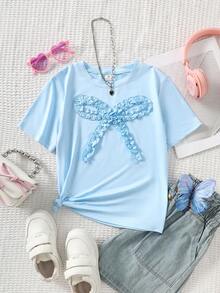 Cute Tween Girls Baby Blue Polyester T-Shirt Ruffle Graphic Bow Regular Length Short Sleeve Round Neck Regular Fit - Baby Blue - View 5