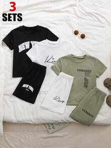 Playful Pals Bộ 6 món áo thun ngắn tay và quần short in họa tiết tiếng Anh dành cho bé trai mùa xuân/hè, phong cách tối giản, phù hợp cho mặc hàng ngày và thể thao. - Nhiều màu - Xem 3