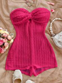 SHEIN PETITE CURVE Áo liền quần quây ngực màu trơn dáng rộng, cỡ lớn, kiểu xoắn. - Màu Hồng Tươi - Xem 6