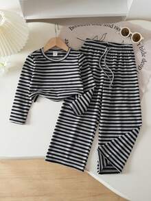 SHEIN Sparklyn 女童条纹长袖圆领T恤和阔腿裤两件套，休闲条纹套装，适合居家、休闲、户外运动。 - 黑色 - 查看 1