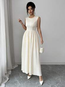 Elenzga Women's Elegant Sleeveless Midi Dress With Pearl Decor, Suitable For Summer Outings, Dates, New Year, Valentine's Day, Easter, Mother's Day, Music Festivals, Middle Eastern Weddings, Casual, Commute, Romantic, Vacation, Apricot Color White Pearl Dress Ivory Dress White Vintage Dress Summer Elegant Dress Cream Dress - Apricot - View 4