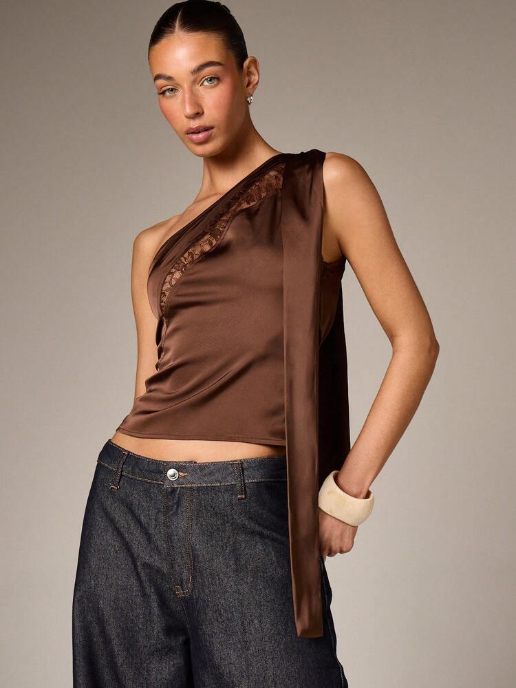 One Shoulder Satin Blouse With Lace Detail