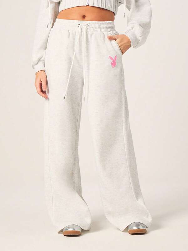Missguided x Playboy Oversized Women's Bunny Logo Wide Leg Drawstring Sweatpants Comfortable Loose Fit Casual Joggers Everyday Loungewear Spring Fall