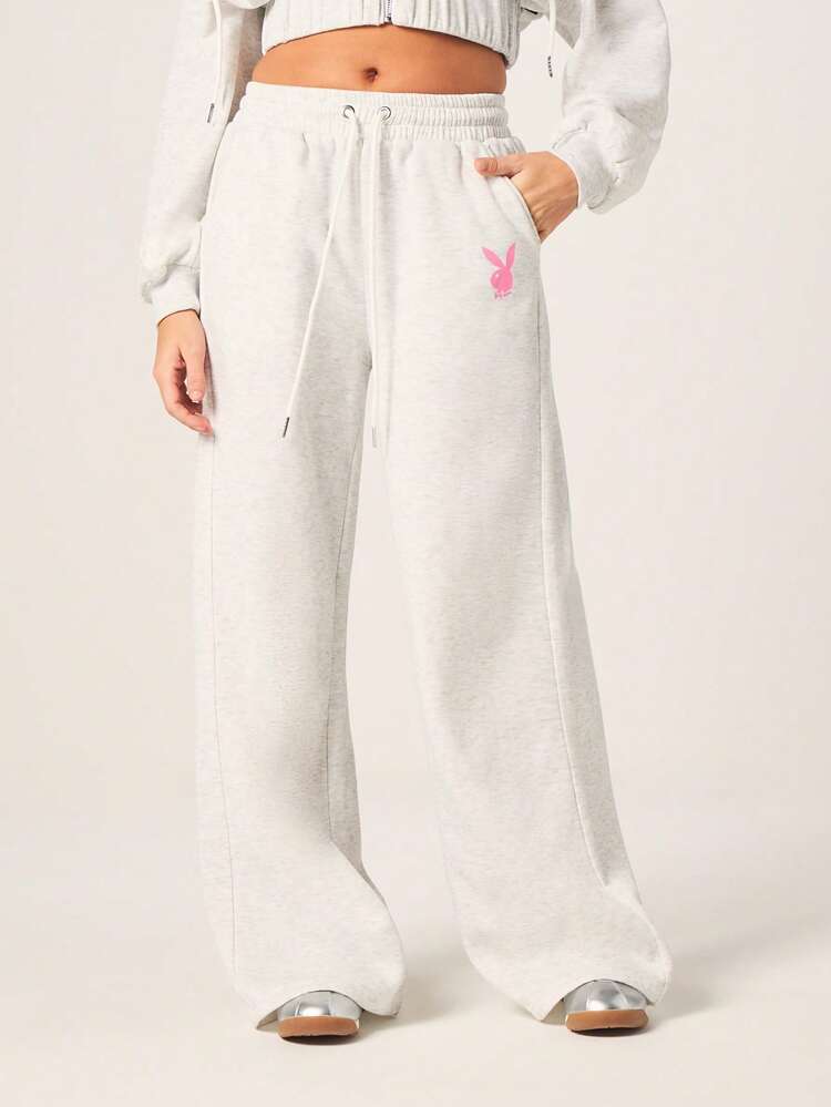 Missguided x Playboy Oversized Women's Bunny Logo Wide Leg Drawstring Sweatpants Comfortable Loose Fit Casual Joggers Everyday Loungewear Spring Fall