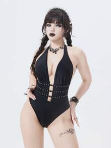 ROMWE Goth Women's Fashion Sexy Beaded Backless Halter One-Piece Swimsuit - Black - View 5