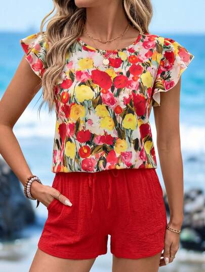 Sylviya Blusa casual de mujer con estampado floral y mangas de vuelo, top de verano para vacaciones, playa para mujeres