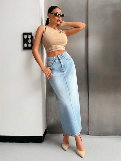 EURMUSE Damen Denim Rock mit hoher Taille, Taschen und Schlitz hinten, Lässig Midi-Länge