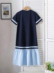 Genkimix Kids 少女条纹印花撞色格纹荷叶边下摆罩衫连衣裙 - 寶藍色 - 查看 2