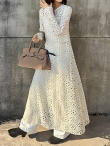 FRIFUL Women's Solid Beige Sheer Lace Fabric Layered Flared Loose Casual Dress,Wedding Guest Dress Women - Beige - View 2
