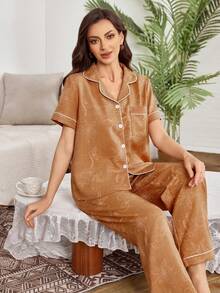 新款女士仿刺绣印花短袖长裤开衫睡衣套装，春夏款 - 彩色 - 查看 1