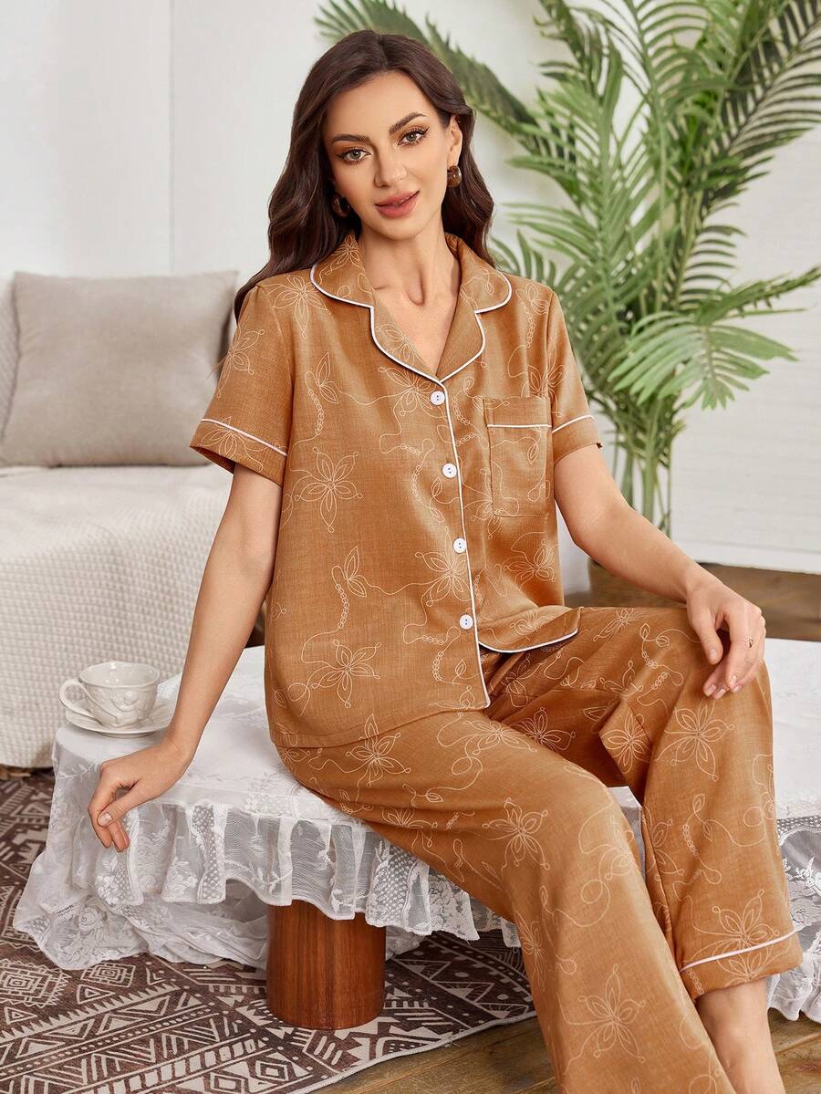 新款女士仿刺绣印花短袖长裤开衫睡衣套装，春夏款 - 彩色 - 查看 1