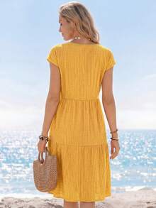 Sylviya 女式春夏纯色荷叶边下摆圆领短袖连衣裙 - 黃色 - 查看 2