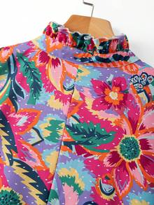 Linhara Colorful Print Ruffle V-Neck Loose Dress - Multicolor - View 5