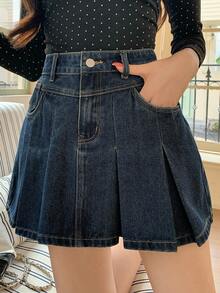 DAZY Women's Solid Color Pleated Waist Belt Denim A-Line Skirt, Fashionable College Style Summer - Blue - View 4