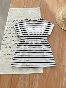 Mommy And Me Matching Casual Striped Short Sleeve Knit Elastic Round Neck Dress, Summer - Black - View 2