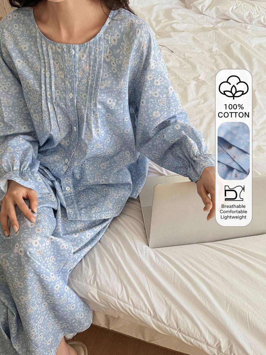 DAZY Ditsy Floral Ruffle Trim Loose Women Pajama Set - Blue - View 1