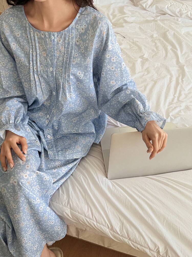 Ditsy Floral Ruffle Trim Loose Women Pajama Set