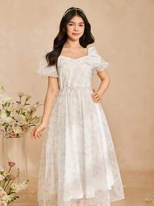 Đầm màu hồng nhạt cho bé gái tuổi teen, mùa xuân/hè, đầm dự tiệc cưới, tiệc sinh nhật, đầm dài bằng chiffon cho bé gái, đầm ngắn tay bằng polyester không co giãn, nhẹ. - Màu Hồng baby - Xem 6
