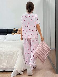 Napfluff 女士休闲撞色领条纹爱心印花短袖睡衣套装 - 粉色 - 查看 2