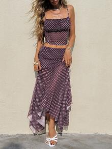 Serisse Women's Polka Dot Camisole And Fitted Skirt 2 Pieces Set, Summer - Red Violet - View 6