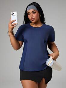 SHEIN Unity 大码女式纯色简约休闲圆领短袖T恤 - 藏蓝色 - 查看 2