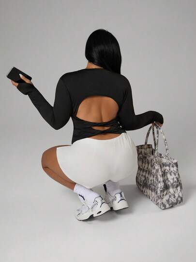 Rhythm Era 大码女式纯色常规肩部镂空休闲修身圆领长袖T恤