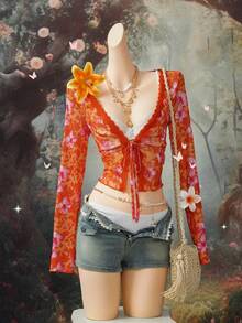 EgrlEra Women's V-Neck Fashionable Short Tie-Up Fitted Mesh & Contrast Lace Blouse - Multicolor - View 3