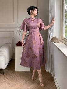 DAZY Elegant V-Neck Printed Long Dress, Slimming & Chic Goddess Style - Purple - View 8