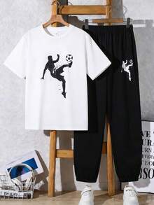 SHEIN 2件套青少年男童休闲字母印花圆领套头衫套装,适合夏季、运动、跑步、户外活动 - 彩色 - 查看 10