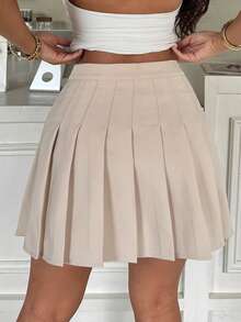 FavEase 女士纯色百褶A字裙，时尚夏季 - 杏色 - 查看 2