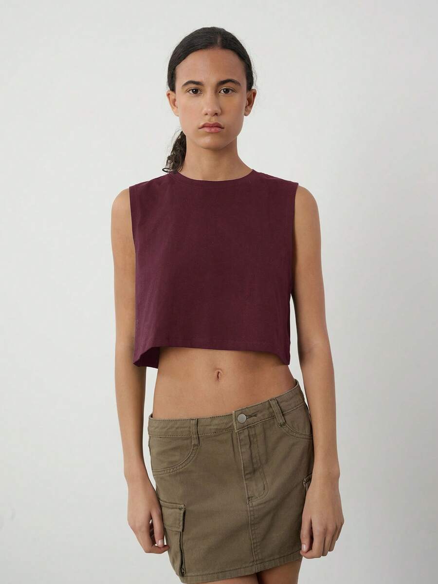 SHEIN BASICS 女士纯色圆领休闲宽松露脐背心
