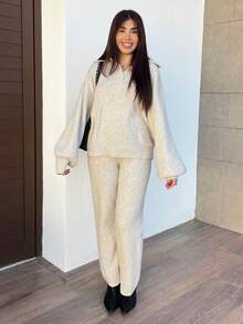 Hitanina 2件套女士休闲翻领毛衣和裤子套装，秋季 - 米色 - 查看 4