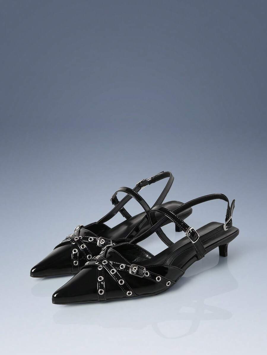 CUCCOO GRLICON Sepatu hak rendah wanita model kitten dengan ujung runcing dan gesper metalik, gaya motor untuk wanita keren, cocok untuk musim semi/panas, liburan, perjalanan, mode tahun 2000-an. - Hitam - View 1