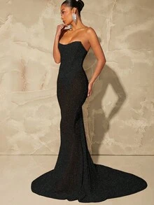 L'Amorae Corset Strapless Mermaid Hem Party Dress - Black - View 4