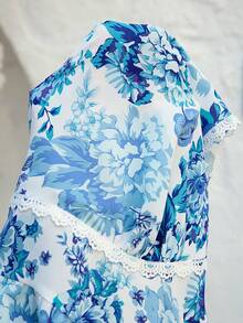 SHEIN CURVE+ Curve 尺码 US22 音乐节、海滨度假、波西米亚风 V 领印花梭织迷你连衣裙，适合春夏穿着，夏季服装，情人节、度假装、沙滩装、节日、浪漫优雅服饰、波西米亚风、甜美风、锐舞派对装、热带度假女装、狂欢节夏季宽松腰身碎花连衣裙 - 藍色 - 查看 9