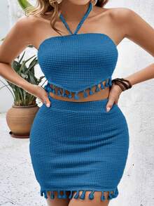 SHEIN VCAY Plus Size Women Solid Color Tassel Hem Halter Top And Mini Skirt Fashion 2-Piece Set - Royal Blue - View 6