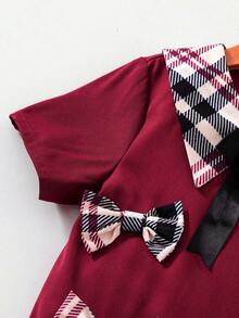 1pc Young Girl's Pleated Dress,Burgundy Summer Princess Plaid Patchwork Outfit With 3D Bow,7th Birthday Back-To-School Short Sleeve Casual Clothes - Burgundy - View 7